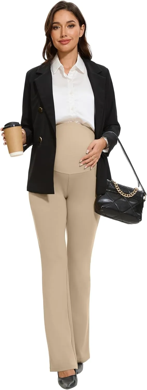 VIMPEP Womens Boot Cut Leg Maternity Yoga Pants High Waist Over The Belly Pregnancy Dress Pants Petite/Regular Pockets 3102