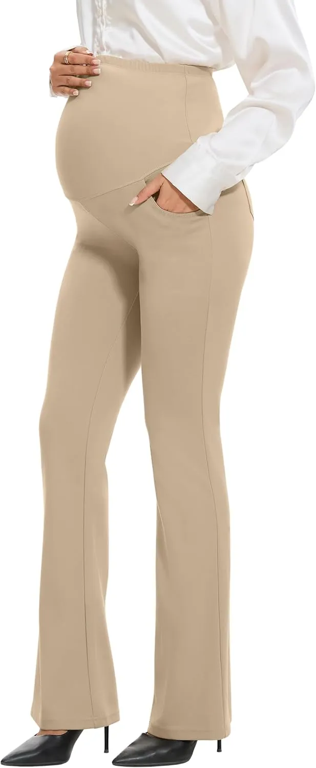 VIMPEP Womens Boot Cut Leg Maternity Yoga Pants High Waist Over The Belly Pregnancy Dress Pants Petite/Regular Pockets 3102
