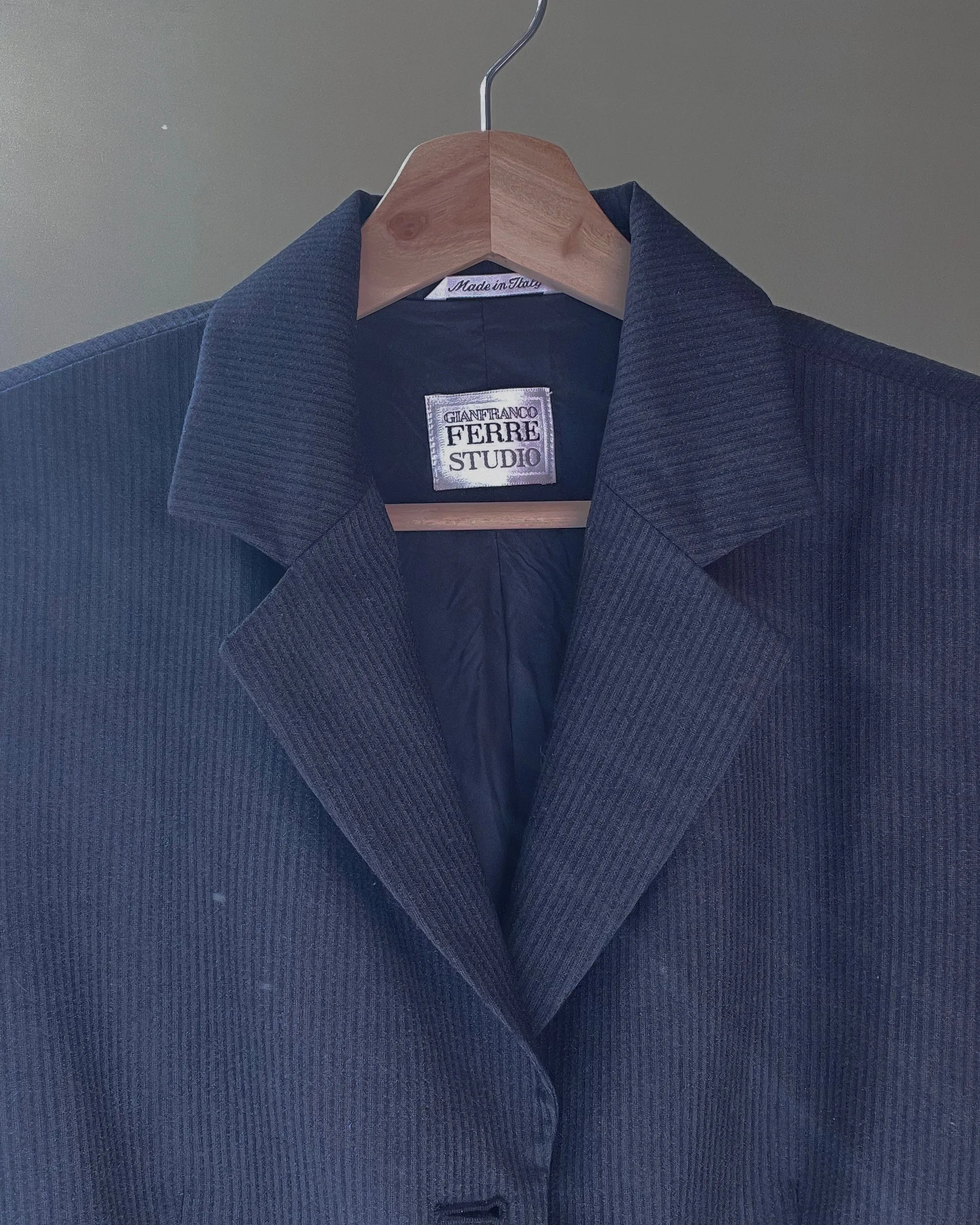 Vintage Designer Gianfranco Ferr Studio Navy Wool Stripe Skirt Suit