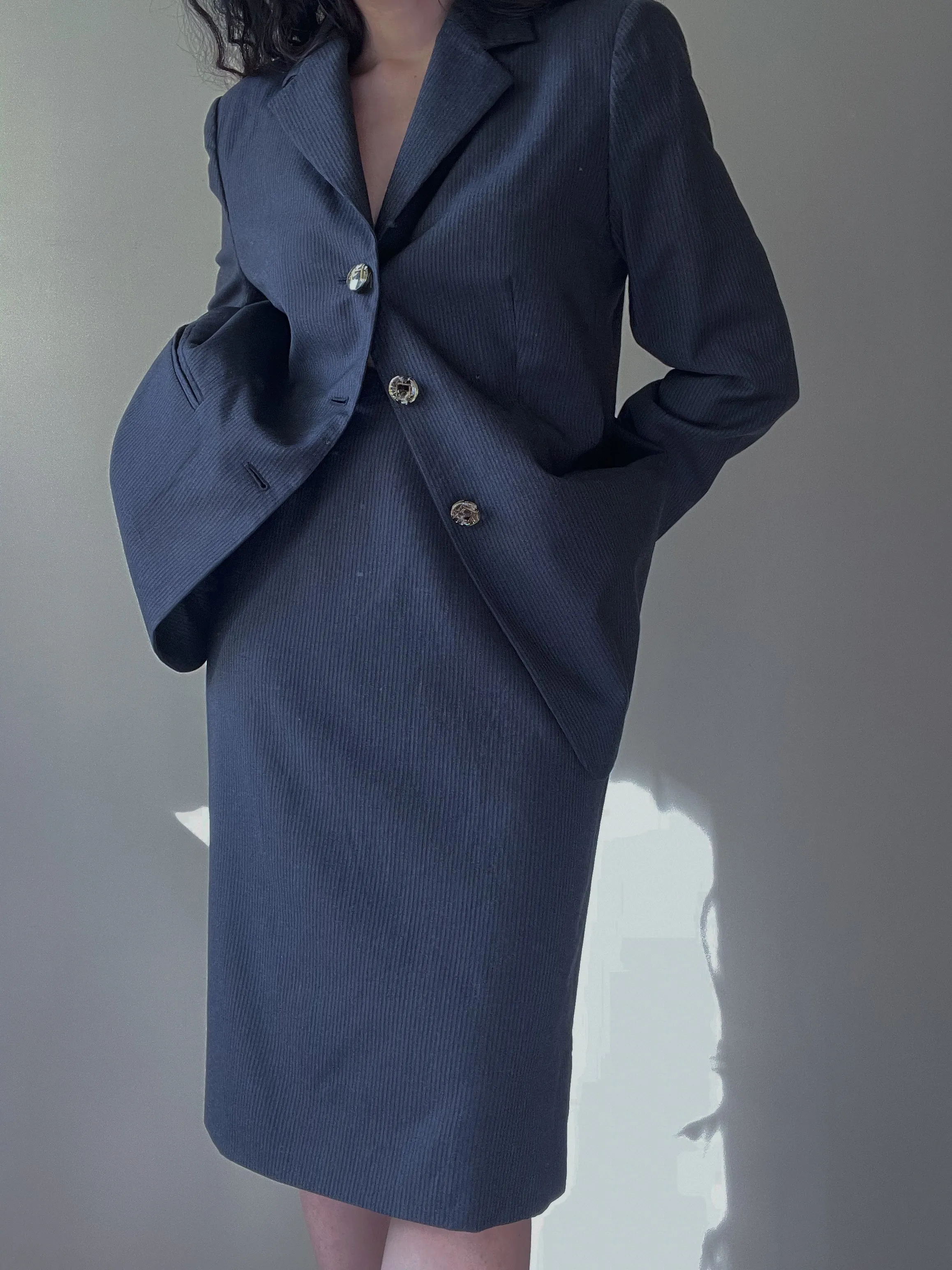 Vintage Designer Gianfranco Ferr Studio Navy Wool Stripe Skirt Suit