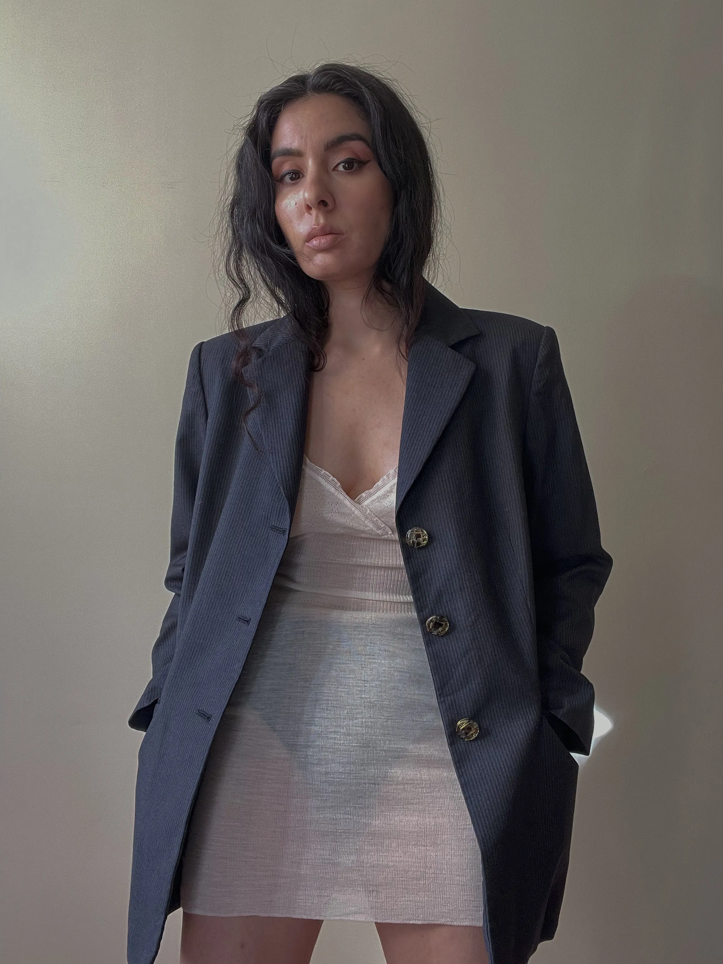Vintage Designer Gianfranco Ferr Studio Navy Wool Stripe Skirt Suit