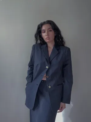 Vintage Designer Gianfranco Ferr Studio Navy Wool Stripe Skirt Suit