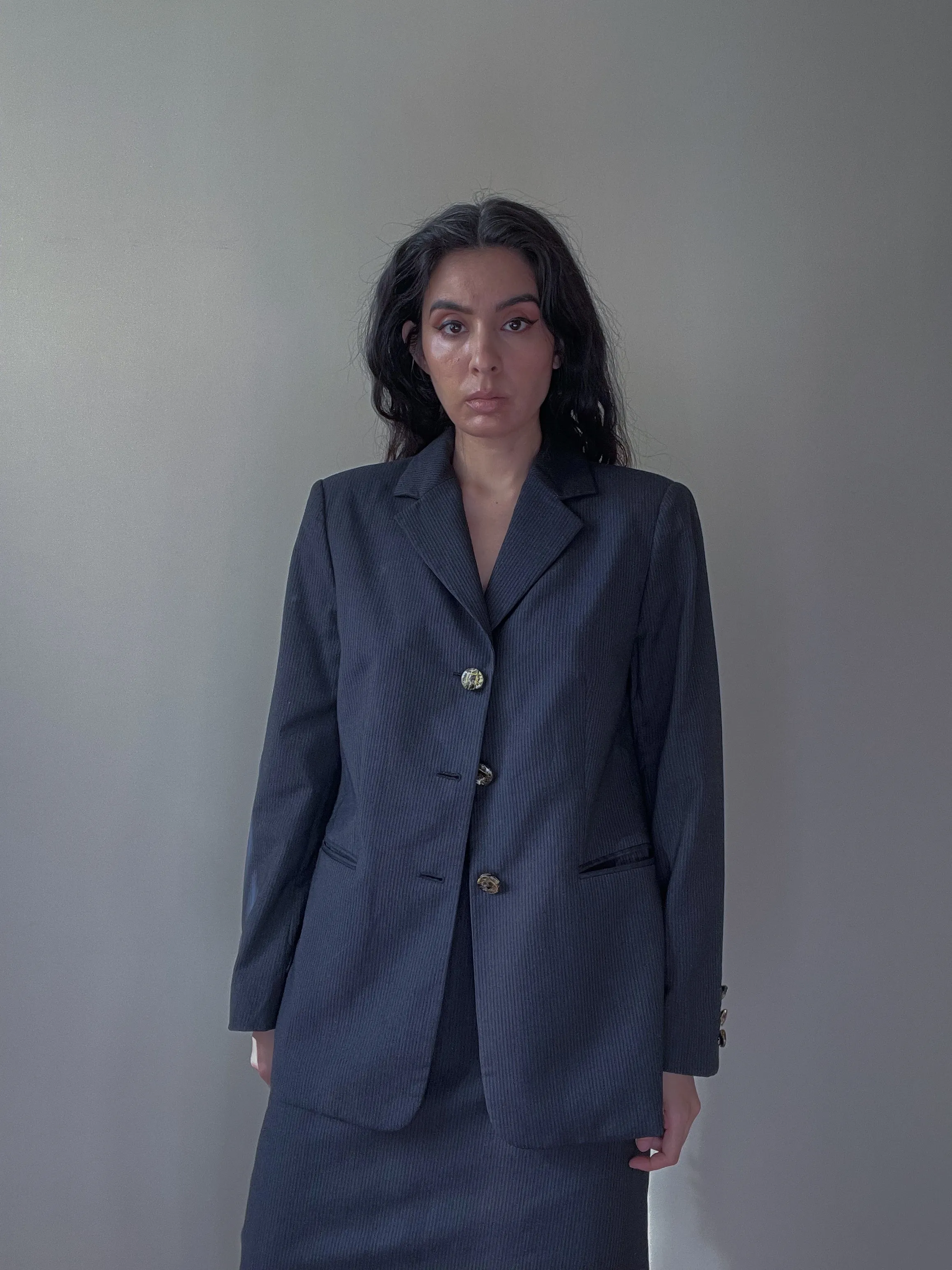 Vintage Designer Gianfranco Ferr Studio Navy Wool Stripe Skirt Suit