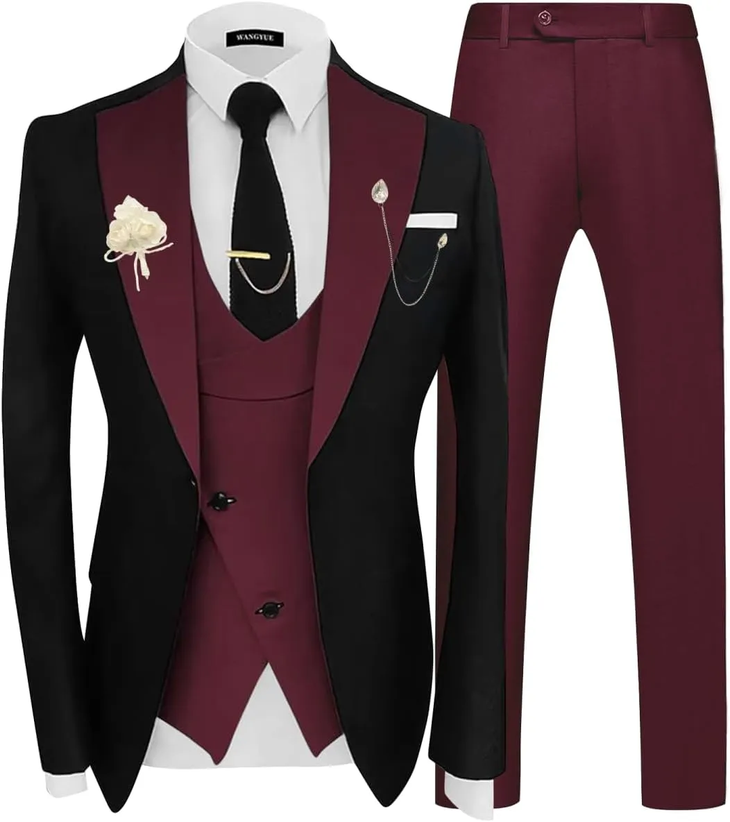 Wangyue 3 Piece Mens Tuxedo Suit Slim Fit Suits for Men Double Breasted Wedding Prom Tuxedos Blazer Vest Pants Sets 2025