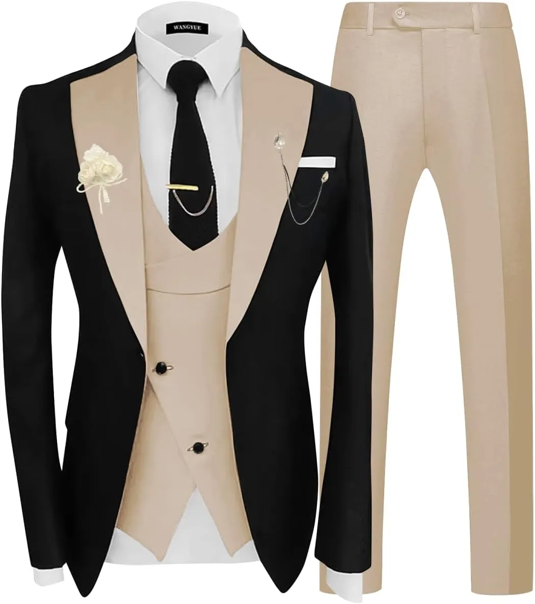 Wangyue 3 Piece Mens Tuxedo Suit Slim Fit Tuxedo for Men Double Breasted Wedding Prom Suits Blazer Vest Pants Sets 2025