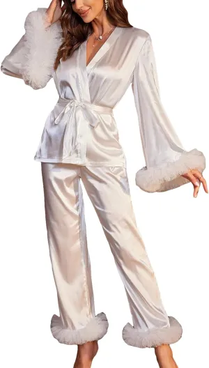 WDIRARA Women's 2 Piece Satin Pajamas Mesh Trim Flare Sleeve Wrap Belted Top and Pants Lounge Set