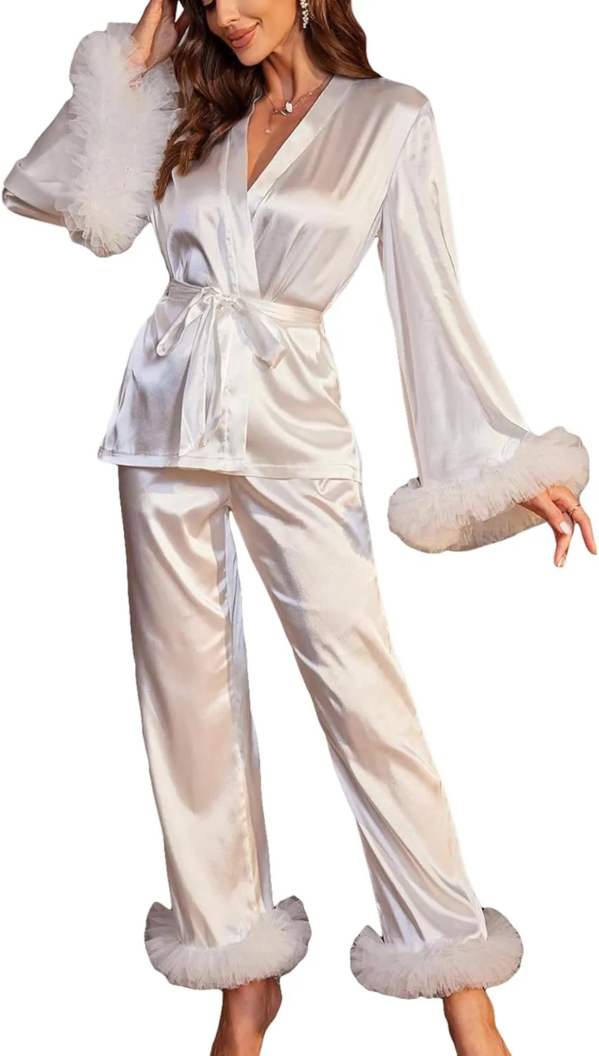 WDIRARA Women's 2 Piece Satin Pajamas Mesh Trim Flare Sleeve Wrap Belted Top and Pants Lounge Set