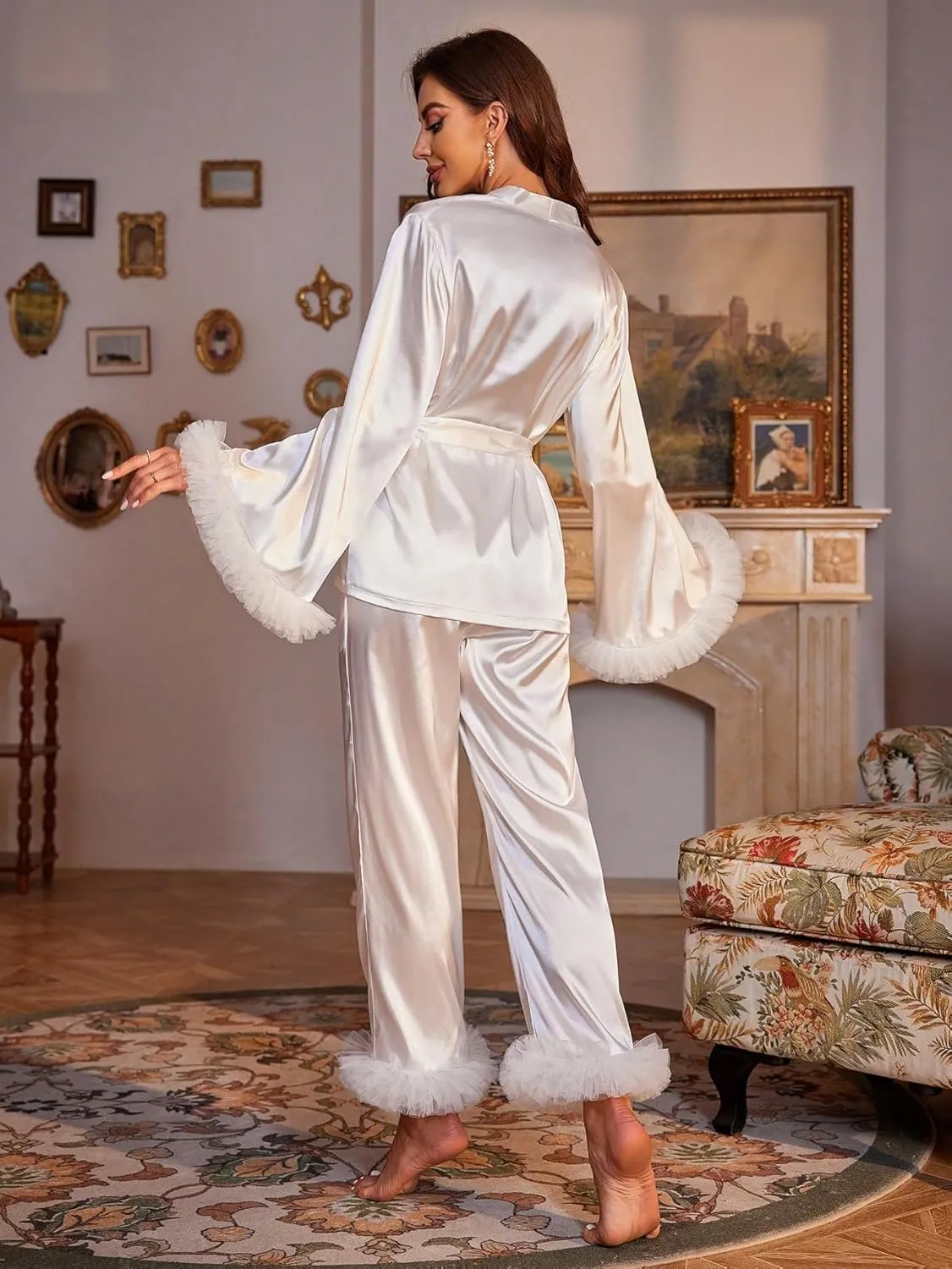 WDIRARA Women's 2 Piece Satin Pajamas Mesh Trim Flare Sleeve Wrap Belted Top and Pants Lounge Set