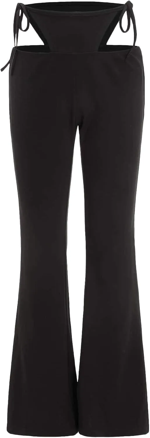 WDIRARA Women's Cut Out Wide Leg Flare Pants High Waist Stretch Self Tie Solid Long Pants