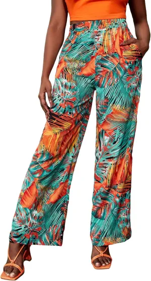 WDIRARA Women's Tropical Print High Elastic Waisted Wide Leg Loose Pants Trousers
