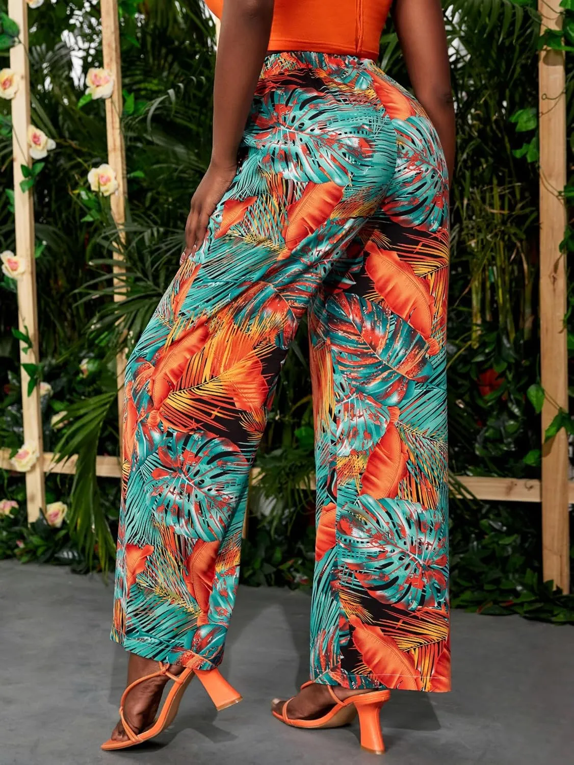 WDIRARA Women's Tropical Print High Elastic Waisted Wide Leg Loose Pants Trousers
