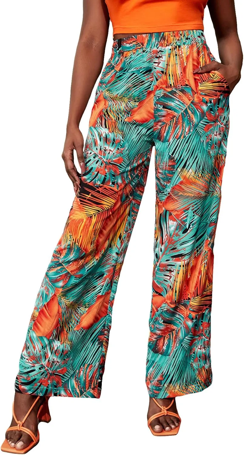 WDIRARA Women's Tropical Print High Elastic Waisted Wide Leg Loose Pants Trousers
