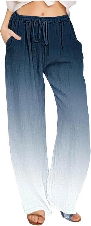 Wide Leg Linen Pants for Women Drawstringg Elastic Waist Gradient Palazzo Pants with Pockets Summer Casual Trousers