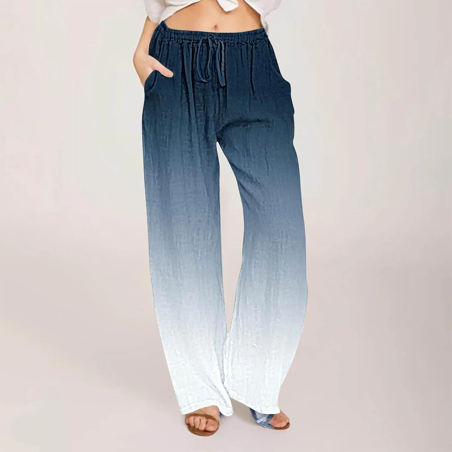 Wide Leg Linen Pants for Women Drawstringg Elastic Waist Gradient Palazzo Pants with Pockets Summer Casual Trousers