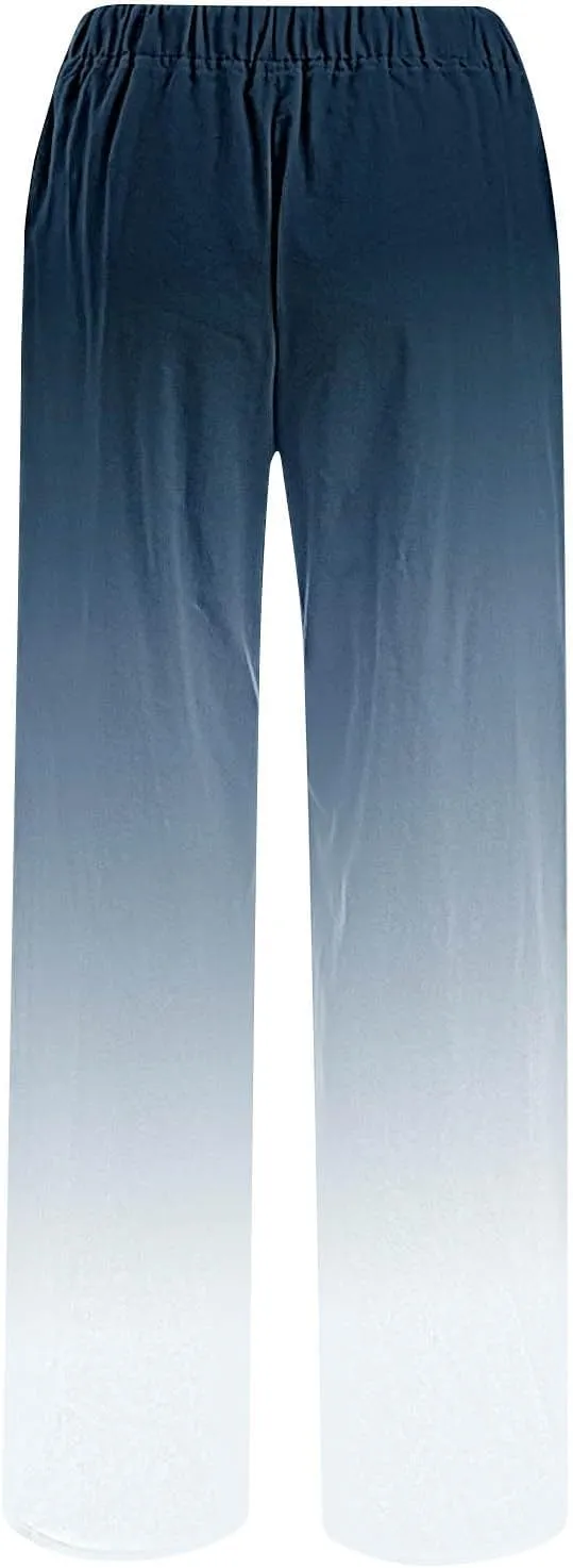 Wide Leg Linen Pants for Women Drawstringg Elastic Waist Gradient Palazzo Pants with Pockets Summer Casual Trousers