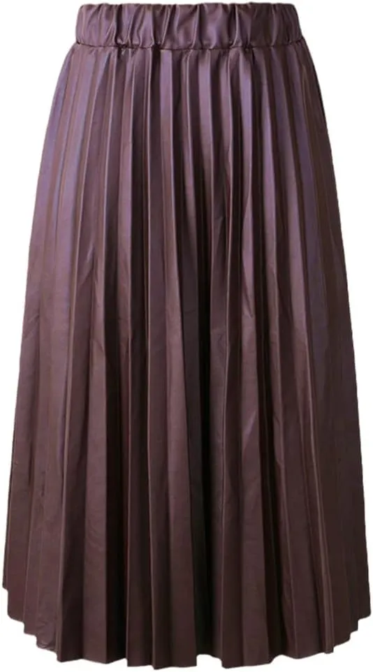 Winter Women Black PU Faux Leather Midi Pleated High Waist Vintage Skirt