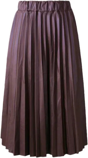 Winter Women Black PU Faux Leather Midi Pleated High Waist Vintage Skirt