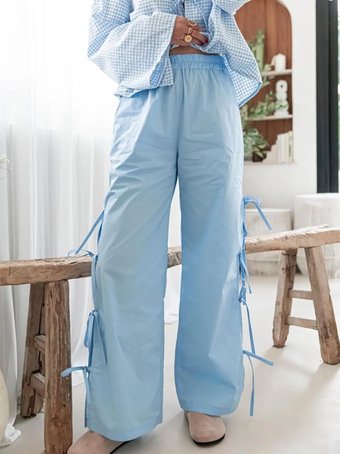 Women Bow Tie Side Split Wide Leg Y2k Plaid Pants High Waist Print Lounge Pants Trousers