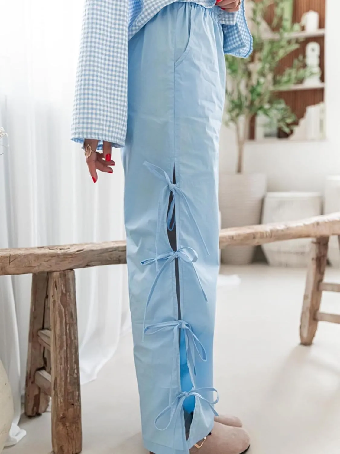Women Bow Tie Side Split Wide Leg Y2k Plaid Pants High Waist Print Lounge Pants Trousers
