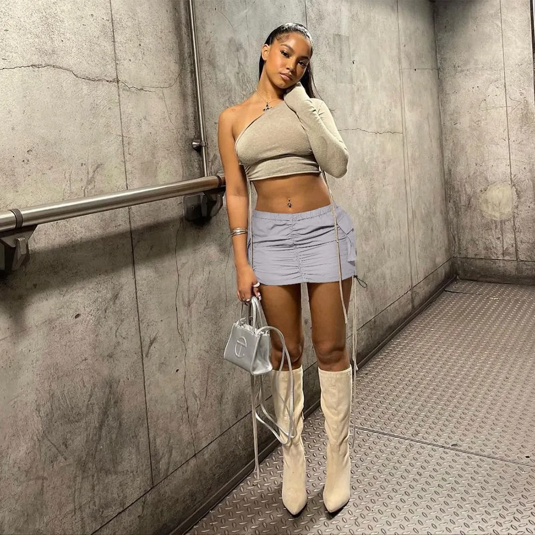 Women Cargo Skirt Adjustable Elastic Waist Side Drwastring Y2k Mini Skirts with Pockets Utility Going Out Streetwear