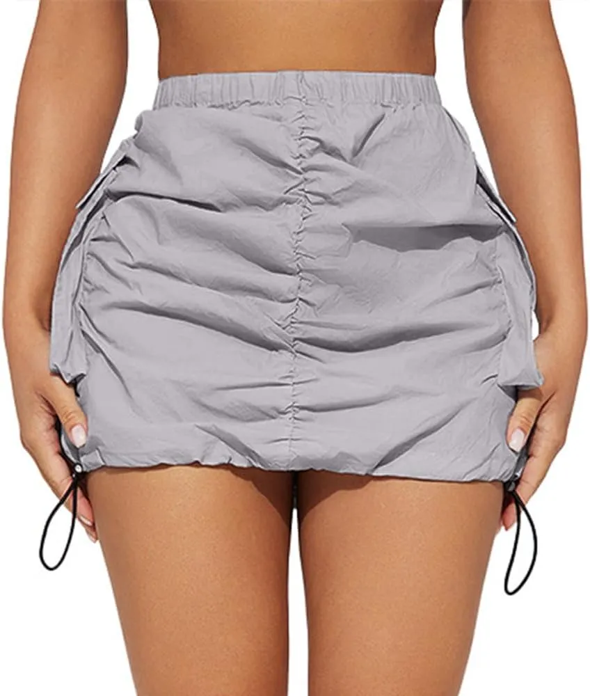 Women Cargo Skirt Adjustable Elastic Waist Side Drwastring Y2k Mini Skirts with Pockets Utility Going Out Streetwear