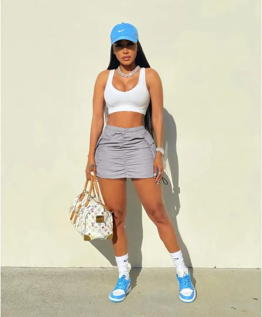 Women Cargo Skirt Adjustable Elastic Waist Side Drwastring Y2k Mini Skirts with Pockets Utility Going Out Streetwear