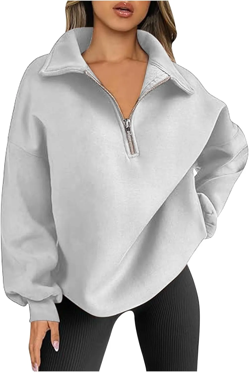 Women Casual Half Zip Oversized Sweatshirts Long Sleeve Plain Collared Hoodie Drop Shoulder Fleece Fall Pullover