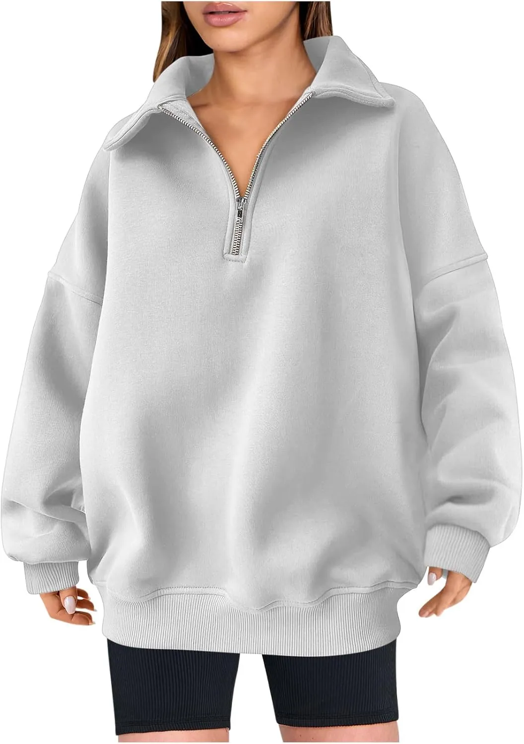 Women Casual Half Zip Oversized Sweatshirts Long Sleeve Plain Collared Hoodie Drop Shoulder Fleece Fall Pullover