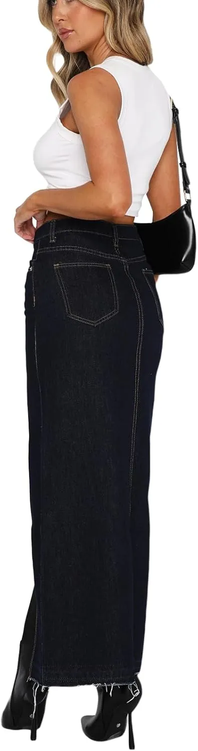 Women High Waist Denim Maxi Skirt Split Thigh Zip Up Jeans Skirt Bodycon A Line Long Skirt with Pocket