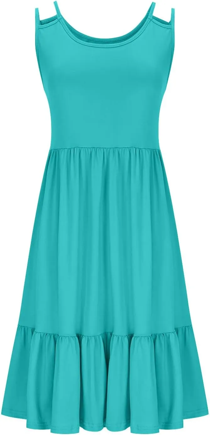 Women Plus Size Ruched High Waist Midi Dress, Summer Sleeveless Strappy Beach Sundress Solid Ruffle Hem Casual Dresses