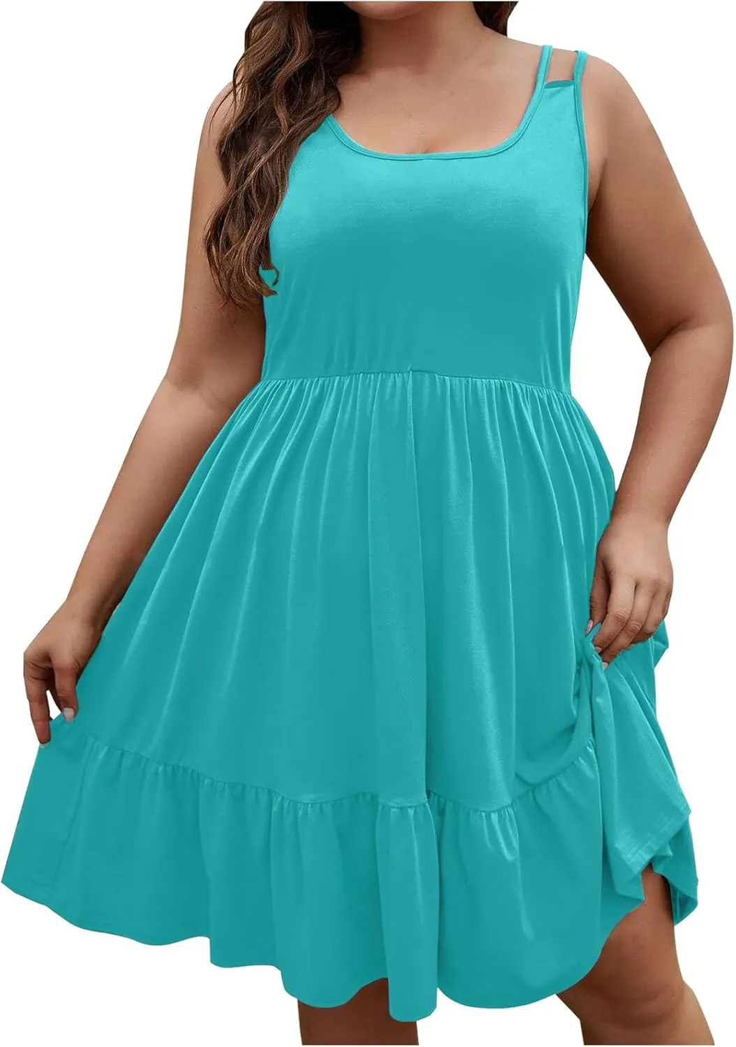 Women Plus Size Ruched High Waist Midi Dress, Summer Sleeveless Strappy Beach Sundress Solid Ruffle Hem Casual Dresses