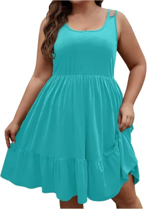 Women Plus Size Ruched High Waist Midi Dress, Summer Sleeveless Strappy Beach Sundress Solid Ruffle Hem Casual Dresses