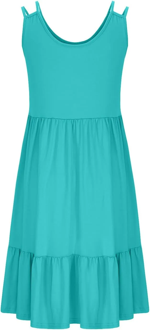 Women Plus Size Ruched High Waist Midi Dress, Summer Sleeveless Strappy Beach Sundress Solid Ruffle Hem Casual Dresses