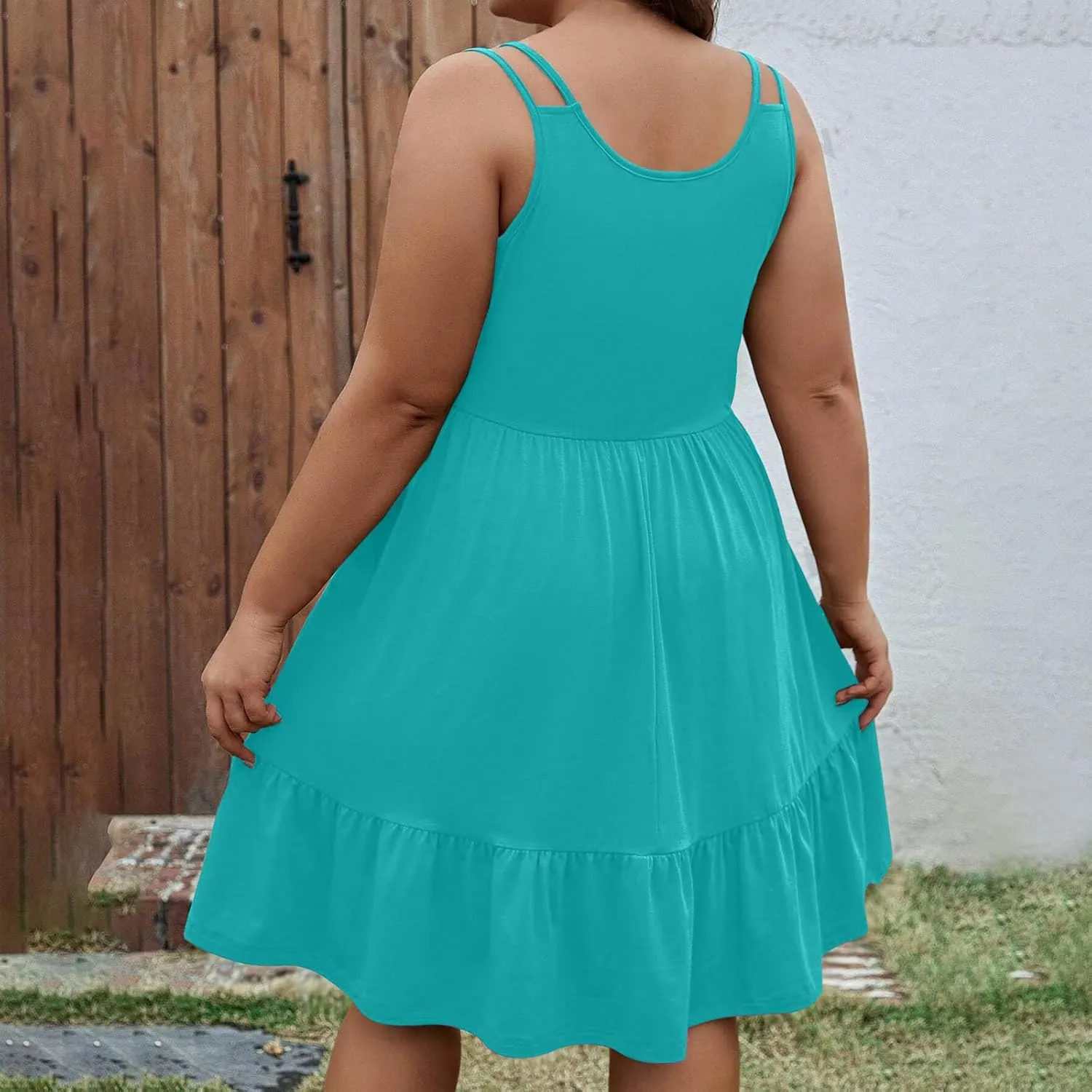Women Plus Size Ruched High Waist Midi Dress, Summer Sleeveless Strappy Beach Sundress Solid Ruffle Hem Casual Dresses