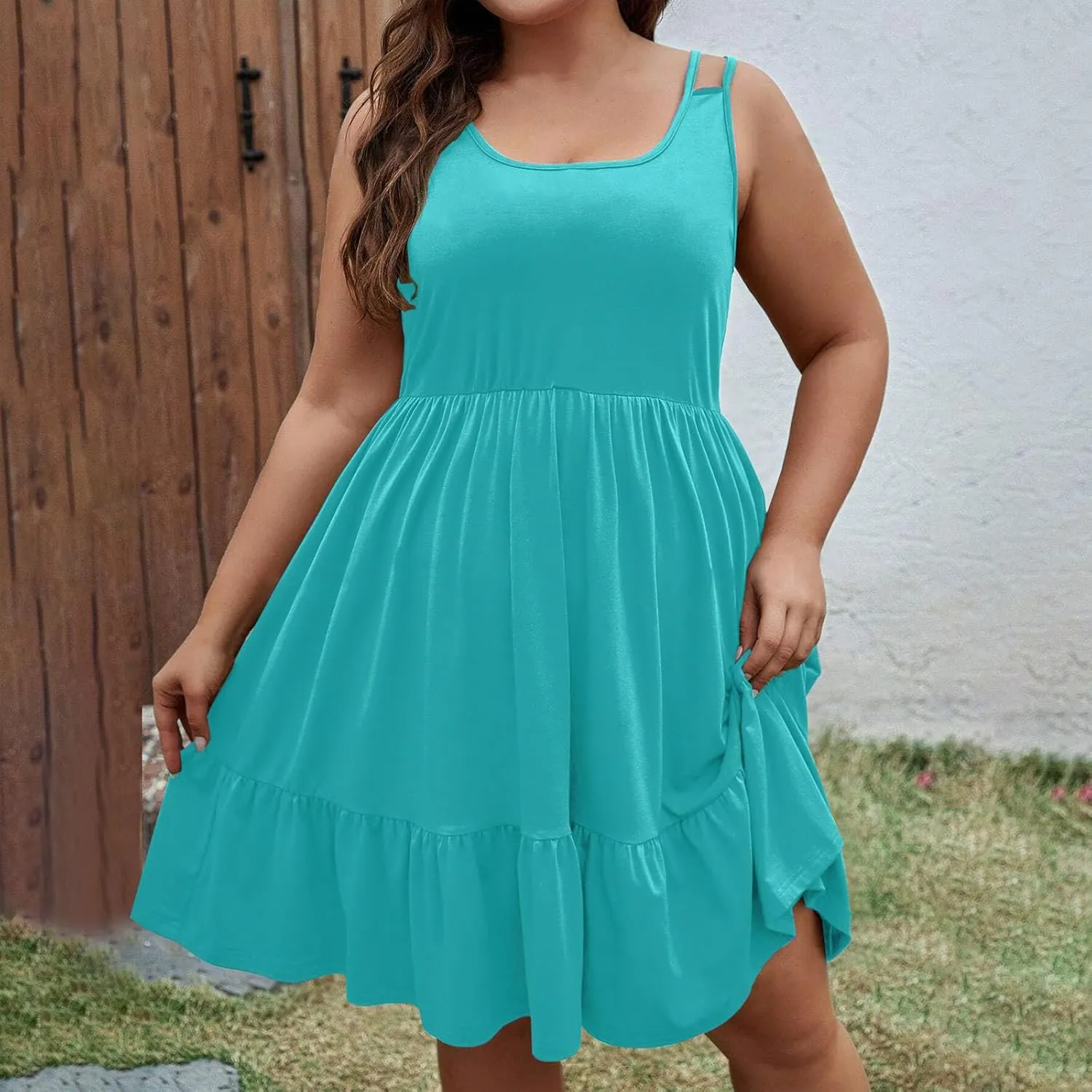 Women Plus Size Ruched High Waist Midi Dress, Summer Sleeveless Strappy Beach Sundress Solid Ruffle Hem Casual Dresses