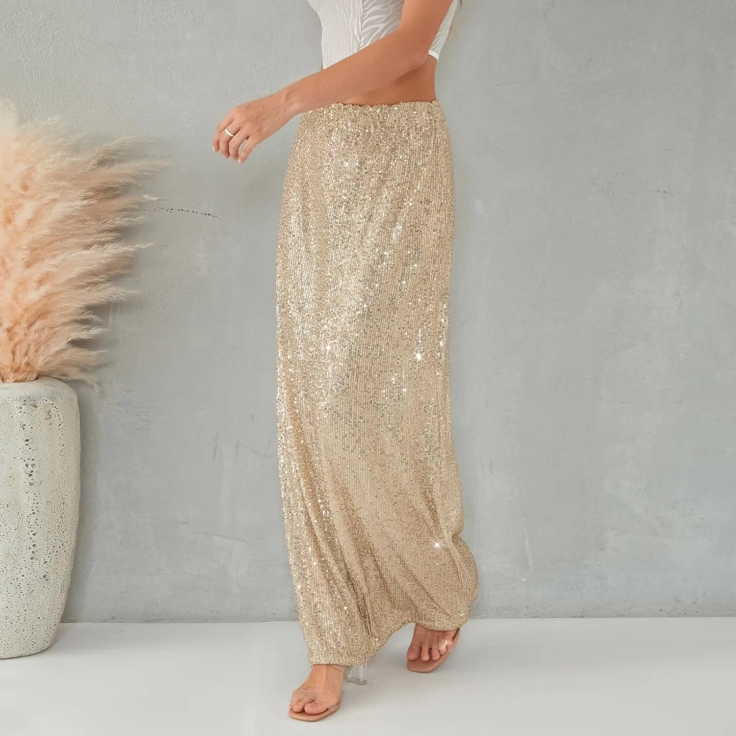 Women Sequin Maxi Skirt Glitter Elastic Waist A Line Midi Skirt Sparkle Pencil Skirt Party Nightout Long Skirt