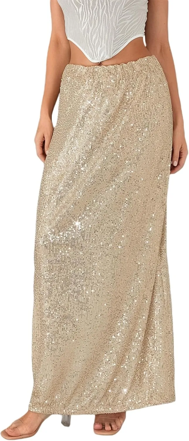 Women Sequin Maxi Skirt Glitter Elastic Waist A Line Midi Skirt Sparkle Pencil Skirt Party Nightout Long Skirt