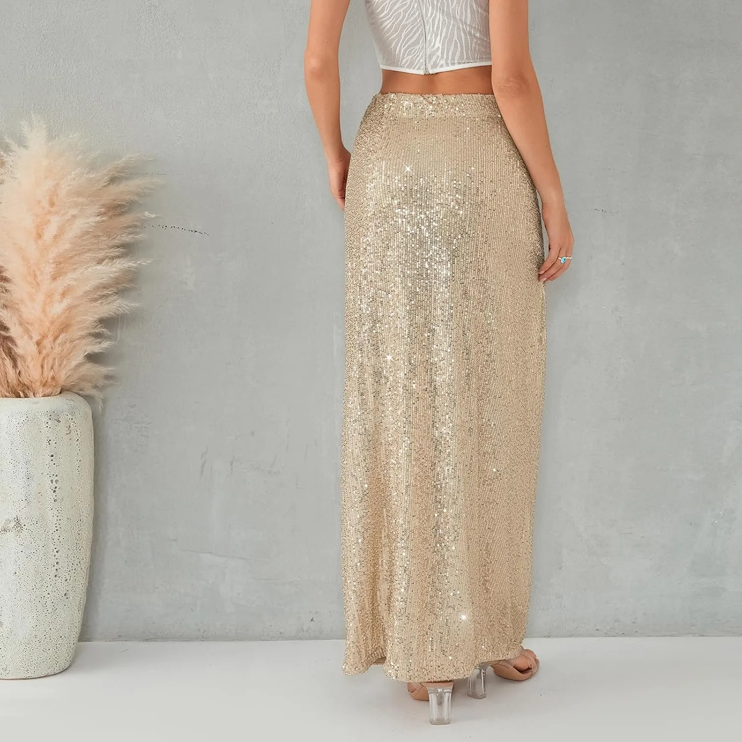 Women Sequin Maxi Skirt Glitter Elastic Waist A Line Midi Skirt Sparkle Pencil Skirt Party Nightout Long Skirt