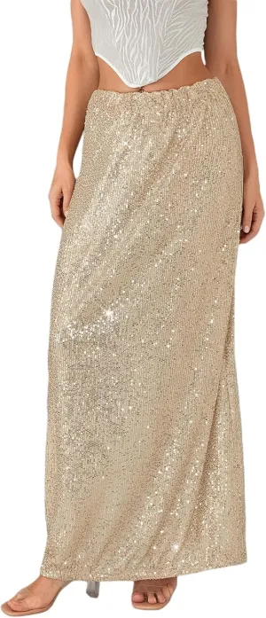 Women Sequin Maxi Skirt Glitter Elastic Waist A Line Midi Skirt Sparkle Pencil Skirt Party Nightout Long Skirt