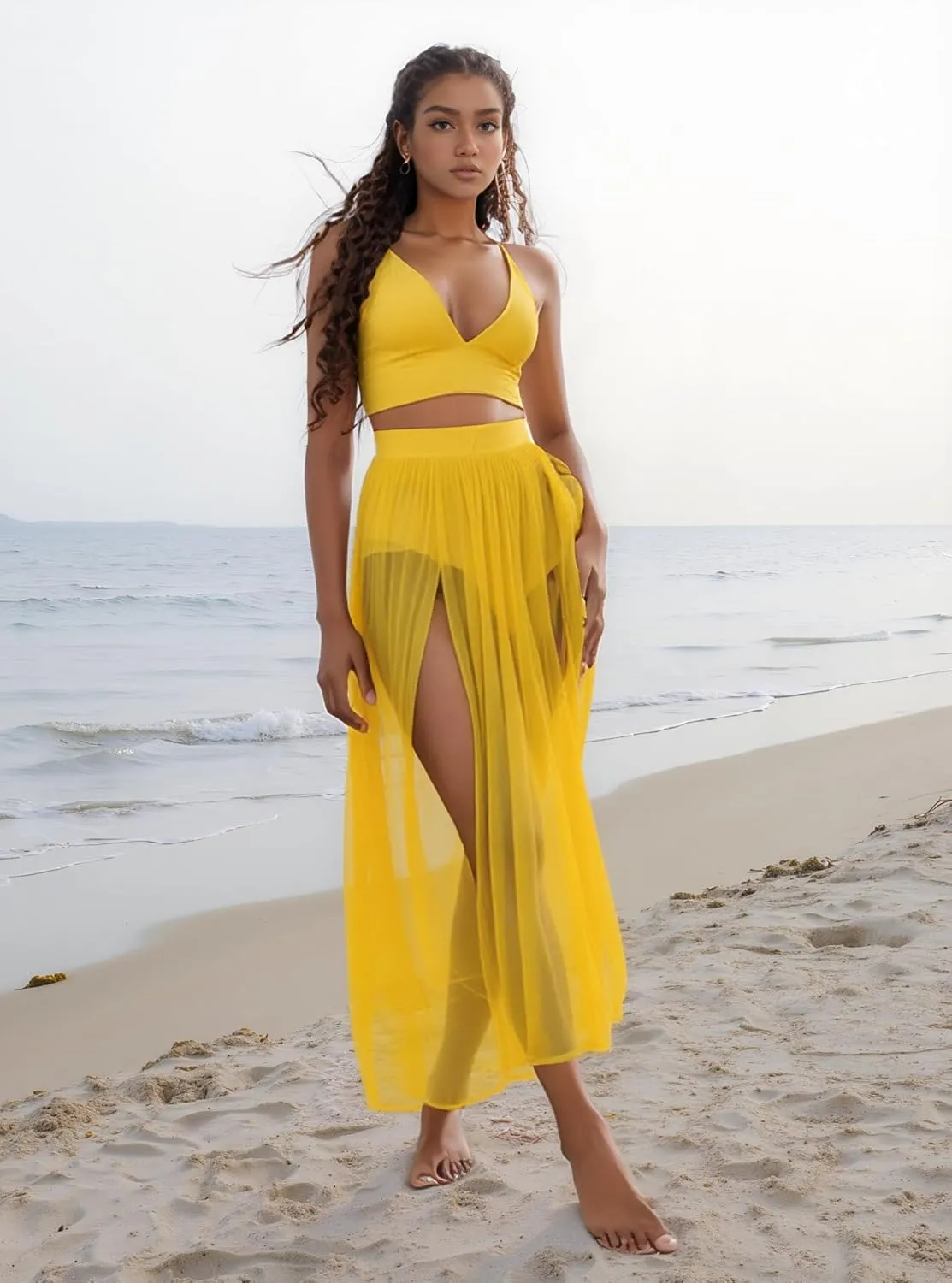Women Sexy 2 Piece Outfits Dress Chiffon Strap Deep V Neck Bra Crop Top High Split Maxi Dresses Skirt Set