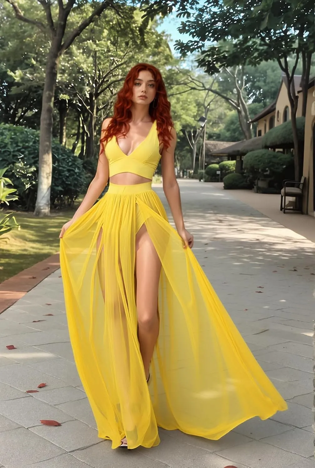 Women Sexy 2 Piece Outfits Dress Chiffon Strap Deep V Neck Bra Crop Top High Split Maxi Dresses Skirt Set