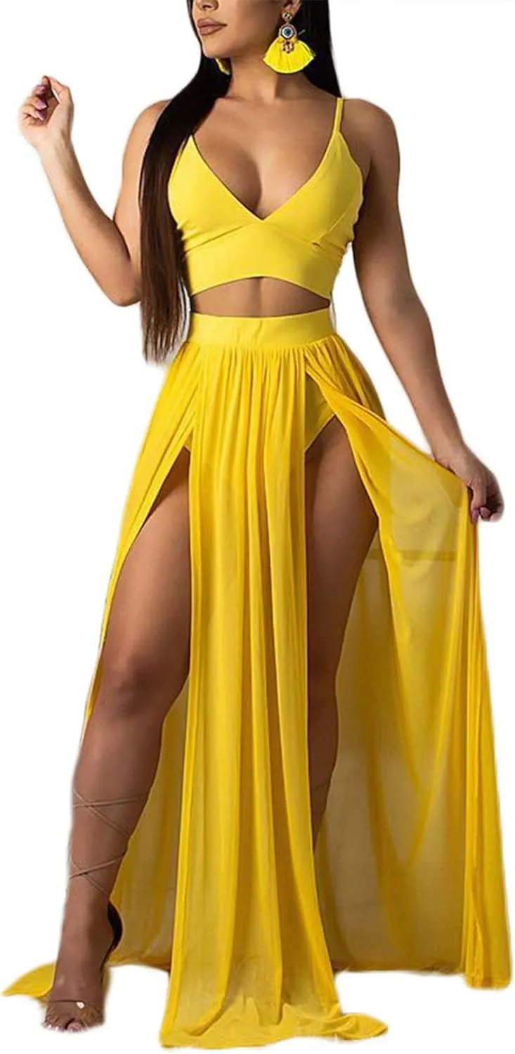 Women Sexy 2 Piece Outfits Dress Chiffon Strap Deep V Neck Bra Crop Top High Split Maxi Dresses Skirt Set