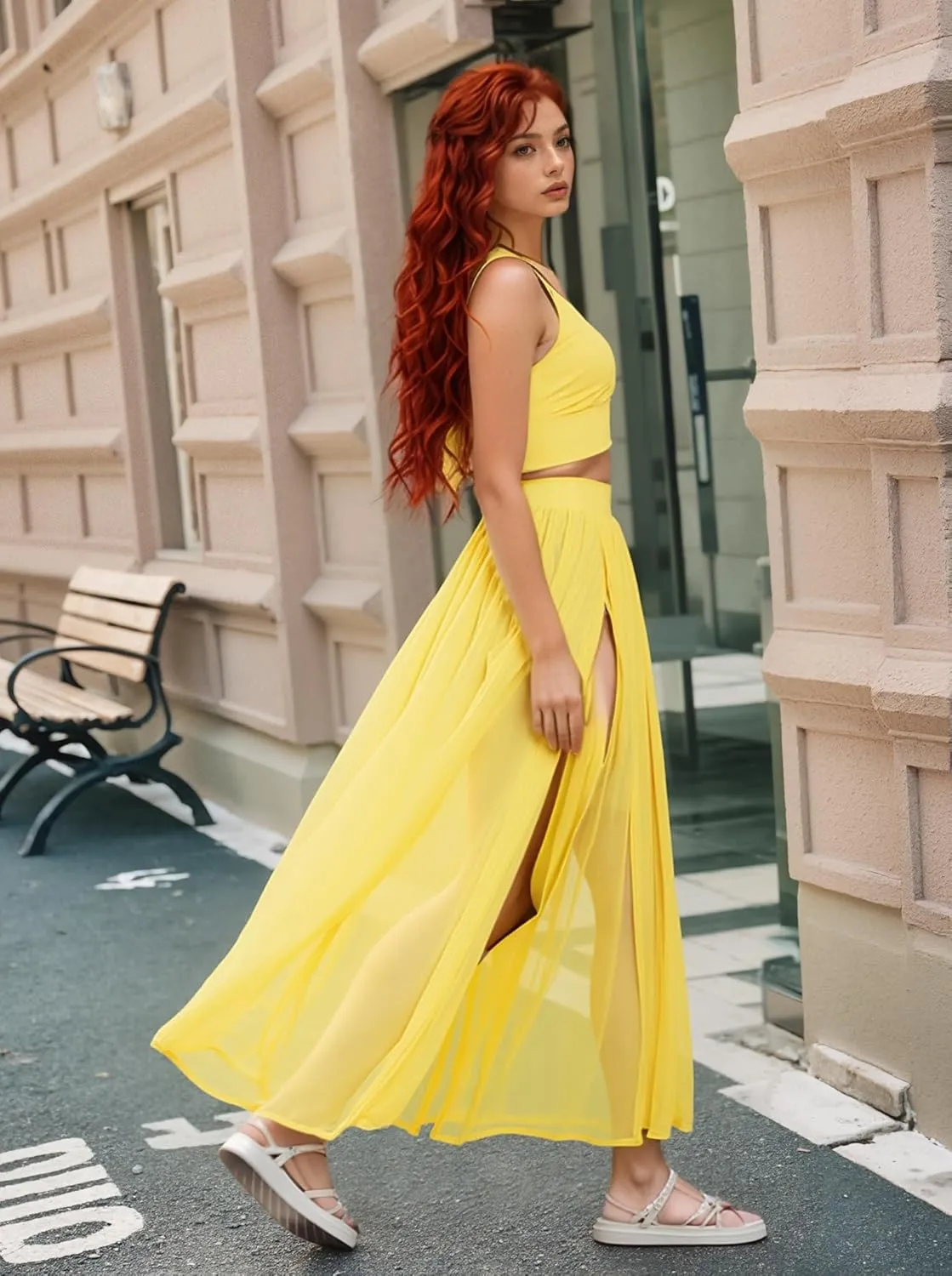 Women Sexy 2 Piece Outfits Dress Chiffon Strap Deep V Neck Bra Crop Top High Split Maxi Dresses Skirt Set
