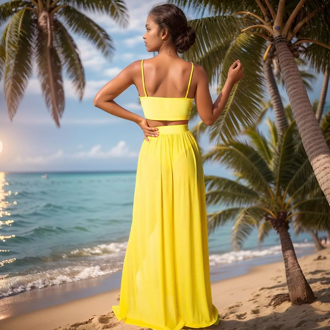 Women Sexy 2 Piece Outfits Dress Chiffon Strap Deep V Neck Bra Crop Top High Split Maxi Dresses Skirt Set