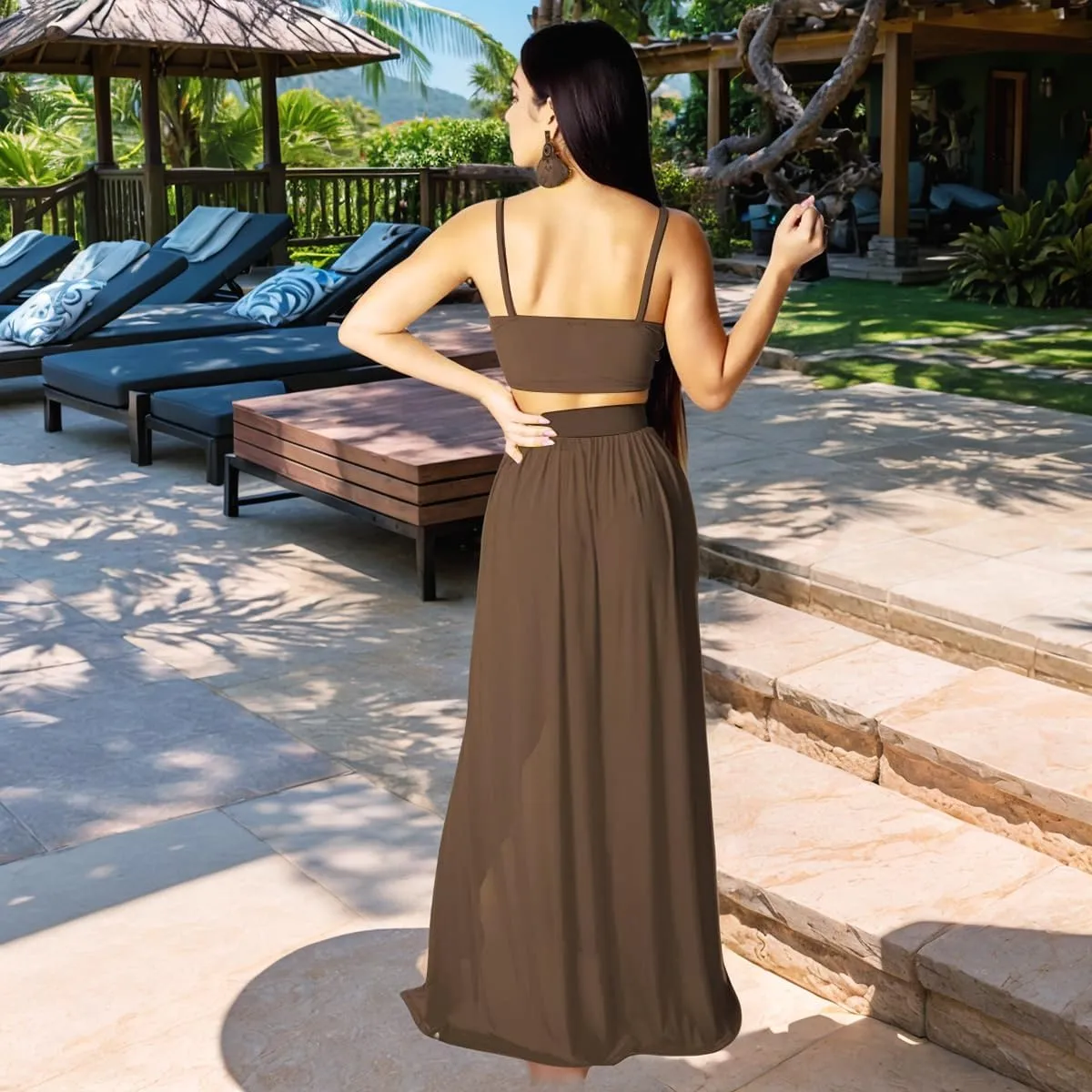 Women Sexy 2 Piece Outfits Dress Chiffon Strap Deep V Neck Bra Crop Top High Split Maxi Dresses Skirt Set