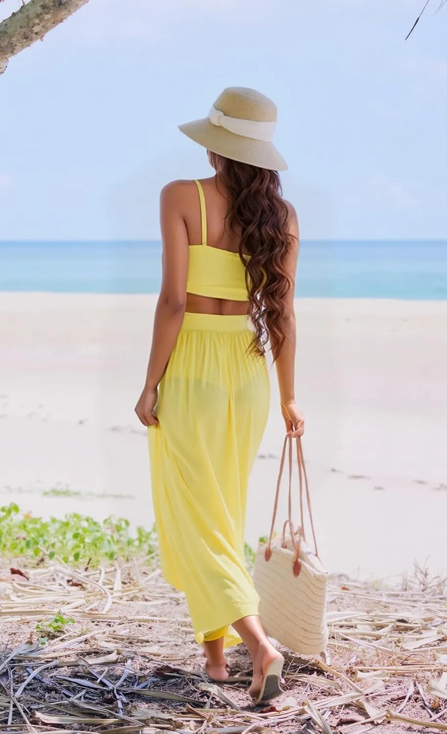 Women Sexy 2 Piece Outfits Dress Chiffon Strap Deep V Neck Bra Crop Top High Split Maxi Dresses Skirt Set