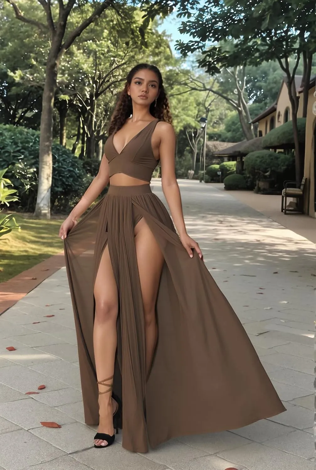 Women Sexy 2 Piece Outfits Dress Chiffon Strap Deep V Neck Bra Crop Top High Split Maxi Dresses Skirt Set