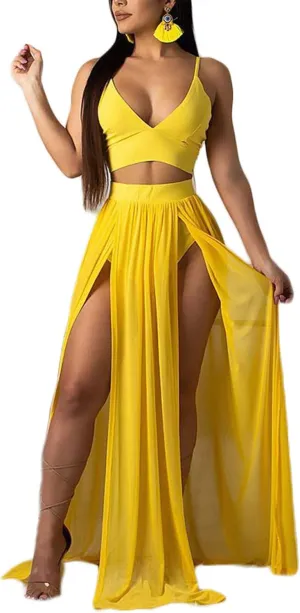 Women Sexy 2 Piece Outfits Dress Chiffon Strap Deep V Neck Bra Crop Top High Split Maxi Dresses Skirt Set
