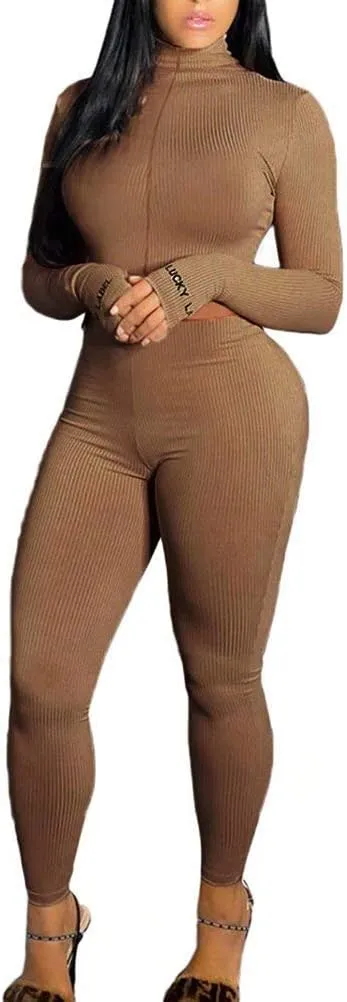 Women Sexy 2 Piece Outfits Ribbed Zipper High Neck Crop Top Thumb Holes Long Bodycon Pants Set Tracksuit Clubwear