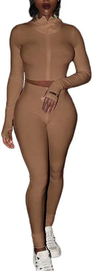 Women Sexy 2 Piece Outfits Ribbed Zipper High Neck Crop Top Thumb Holes Long Bodycon Pants Set Tracksuit Clubwear